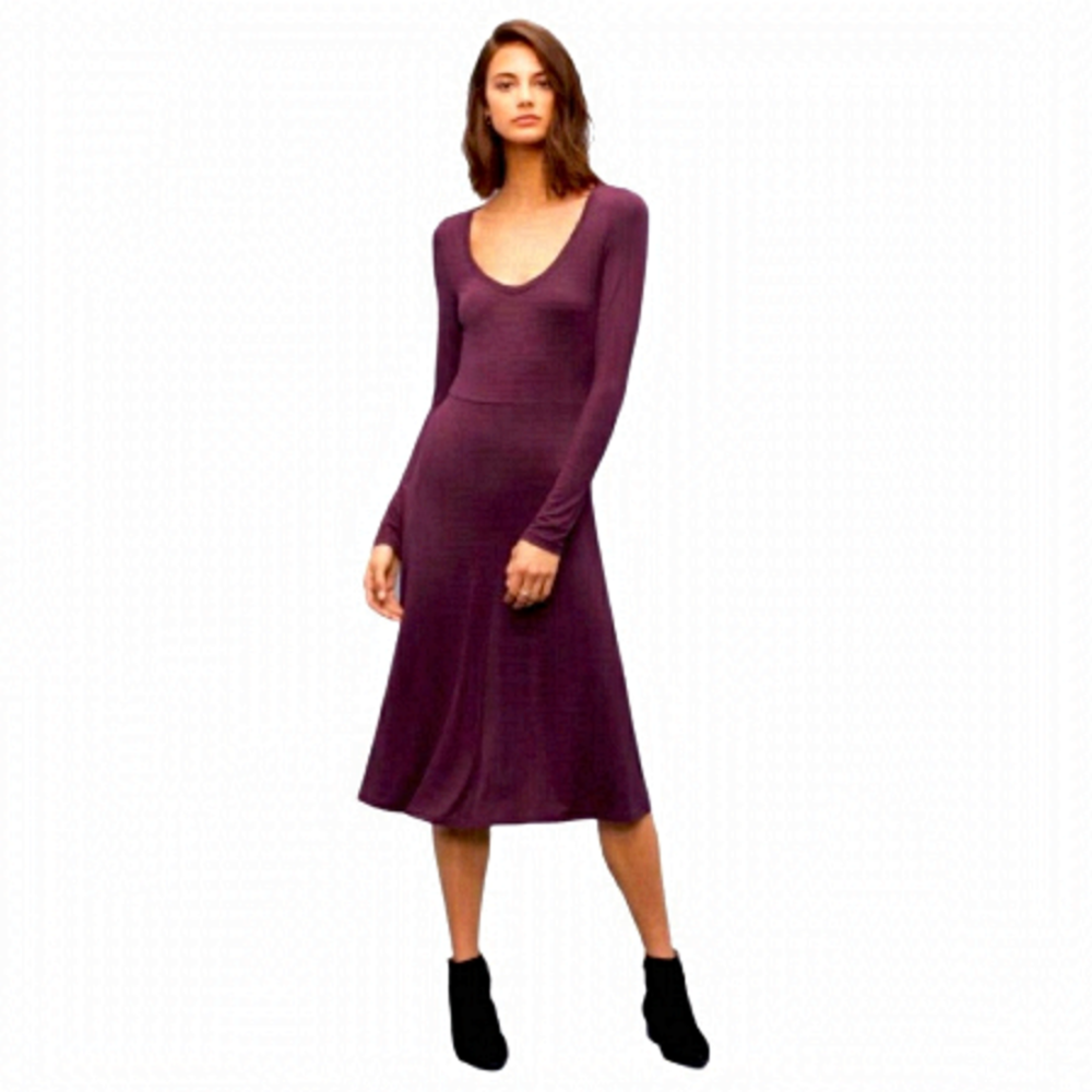 NWT Aritzia Wilfred Burgundy Long Sleeve Midi Scoop neck A line Dress size xs